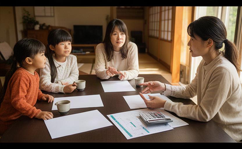 高松の家庭で家計表と電卓を囲み将来の資金計画を話す様子